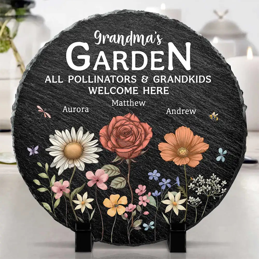 “Grandma’s Garden: A Place for Pollinators & Grandkids” - Personalized Circle Memorial Garden Stone - Custom Gift for Family Lovers Memorial Garden Stone PopCulturePrints