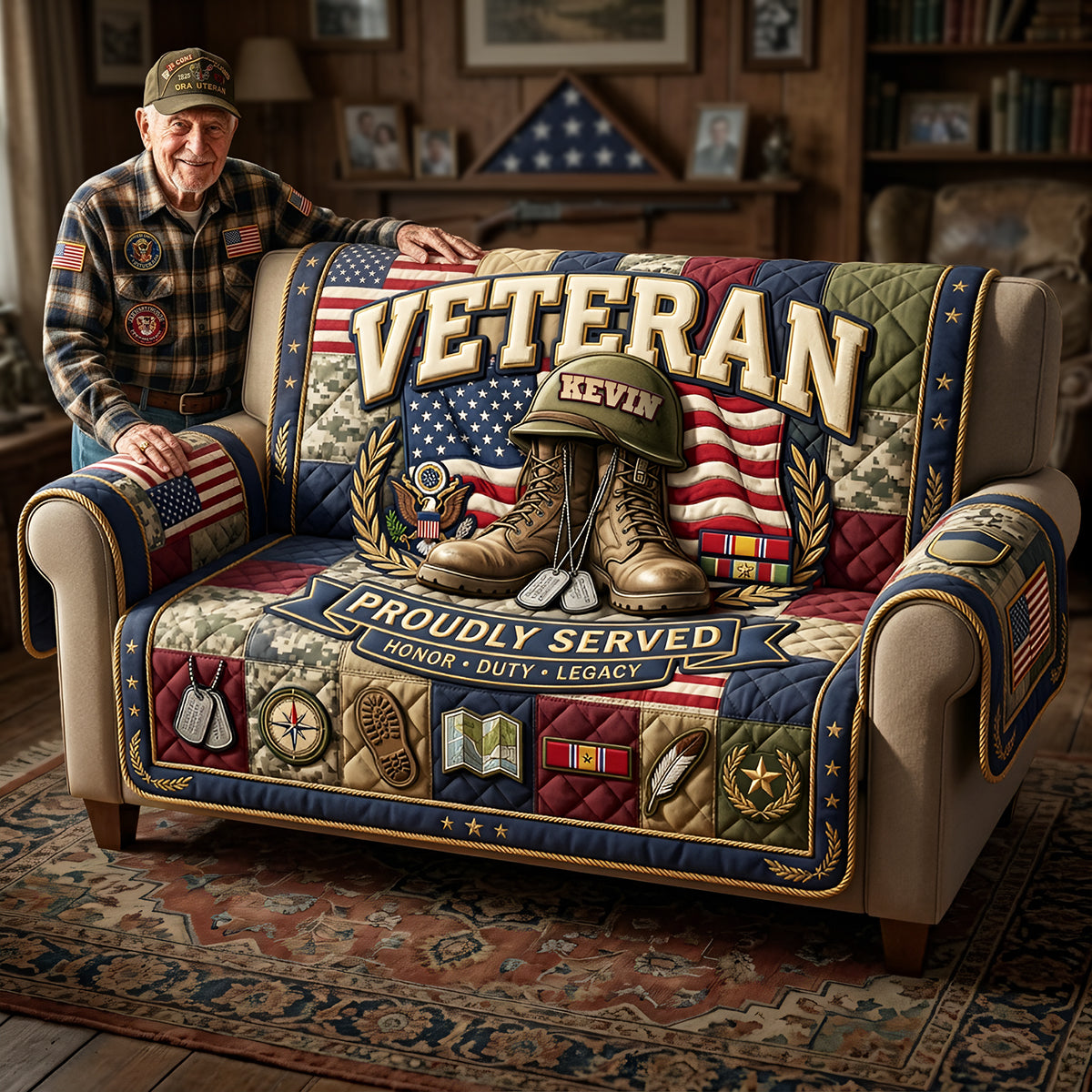 Proudly Served: Personalized Veteran Quilted Sofa Cover - A Meaningful Gift for Heroes