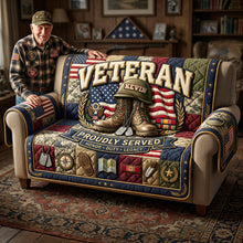 Load image into Gallery viewer, Proudly Served: Personalized Veteran Quilted Sofa Cover - A Meaningful Gift for Heroes
