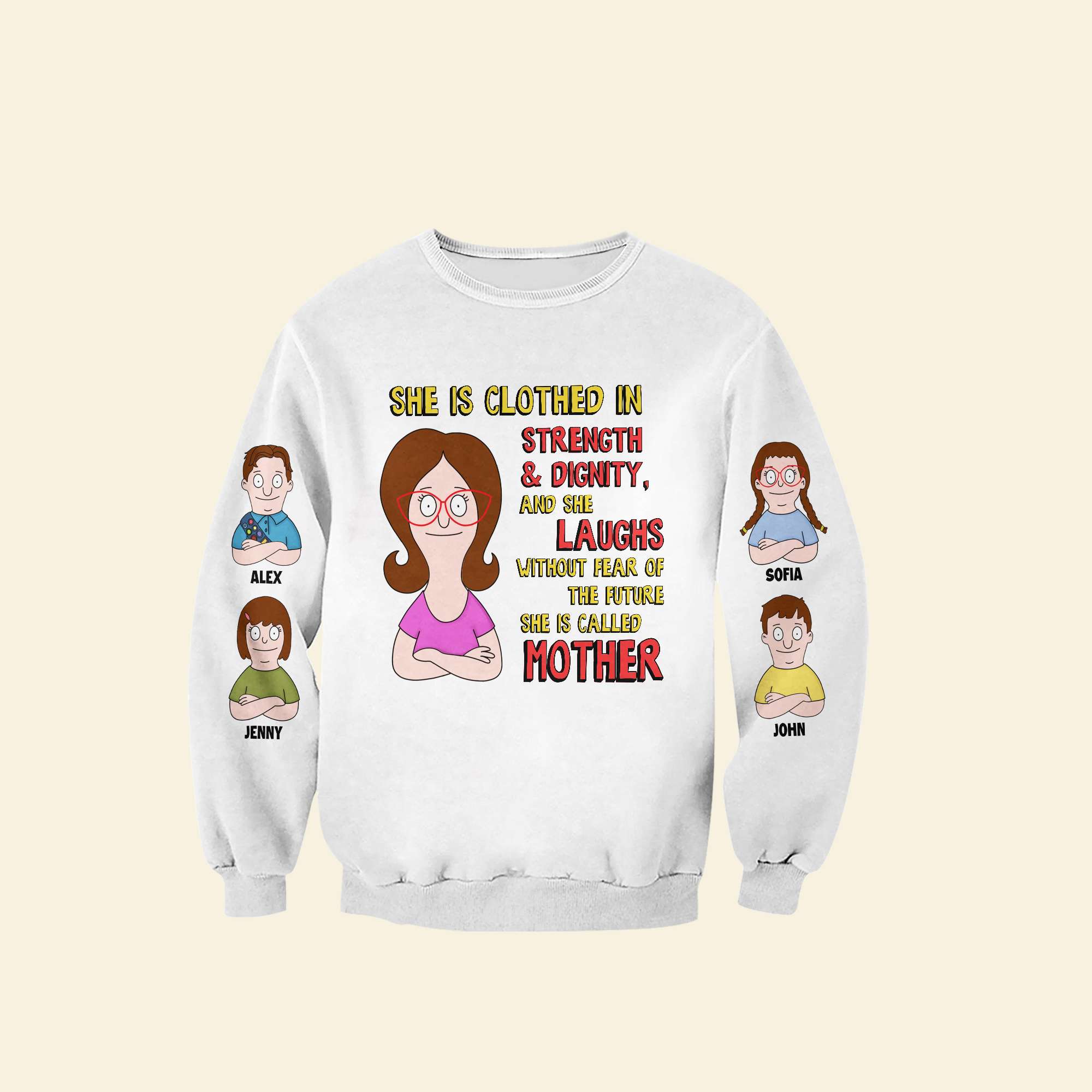 “She is Clothed in Strength & Dignity” - Personalized Mom Shirt - Gift for Mom, Grandma, and Special Women AOP Products PopCulturePrints