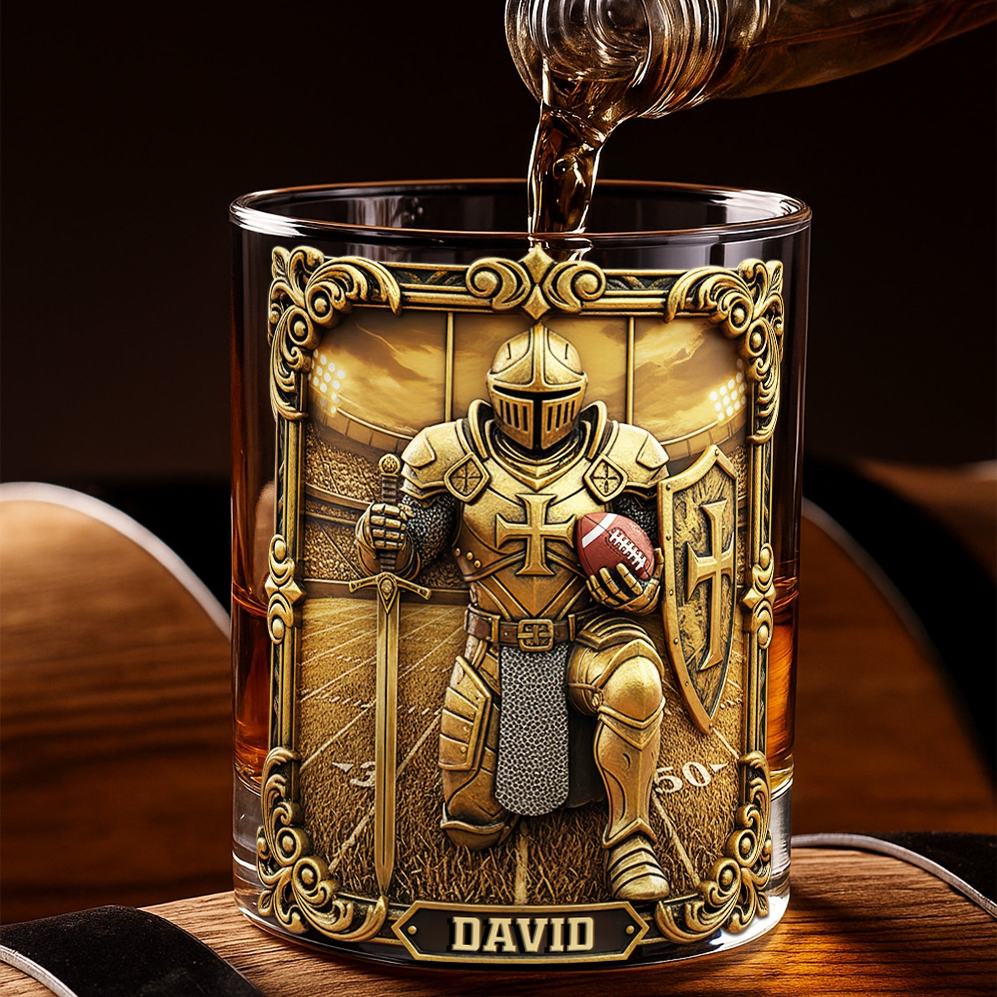 “Stand Tall and Drink Proud” - Personalized Kneeling Knight Sports Drinking Glass - Custom Gift for Christian Sports Fans Whiskey Glass PopCulturePrints