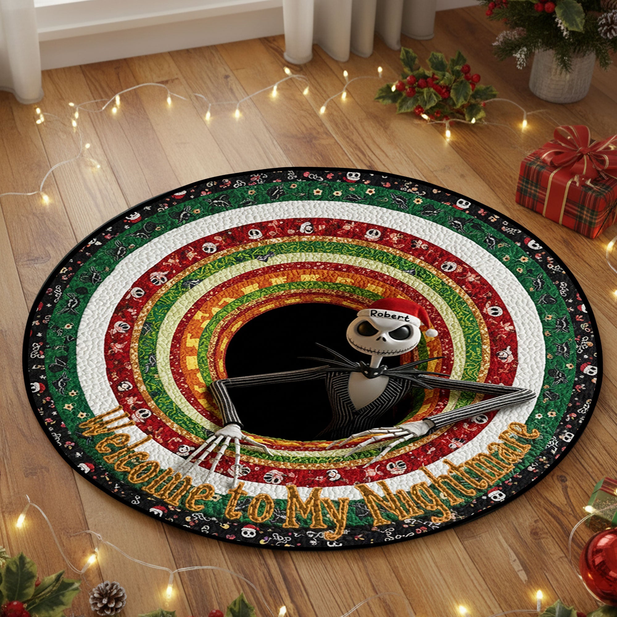 “Embrace the Spooky Spirit!” - Personalized Quilted Round Mat for Horror Fans - Unique Christmas Gift for Your Favorite Nightmare Enthusiasts Doormat PopCulturePrints