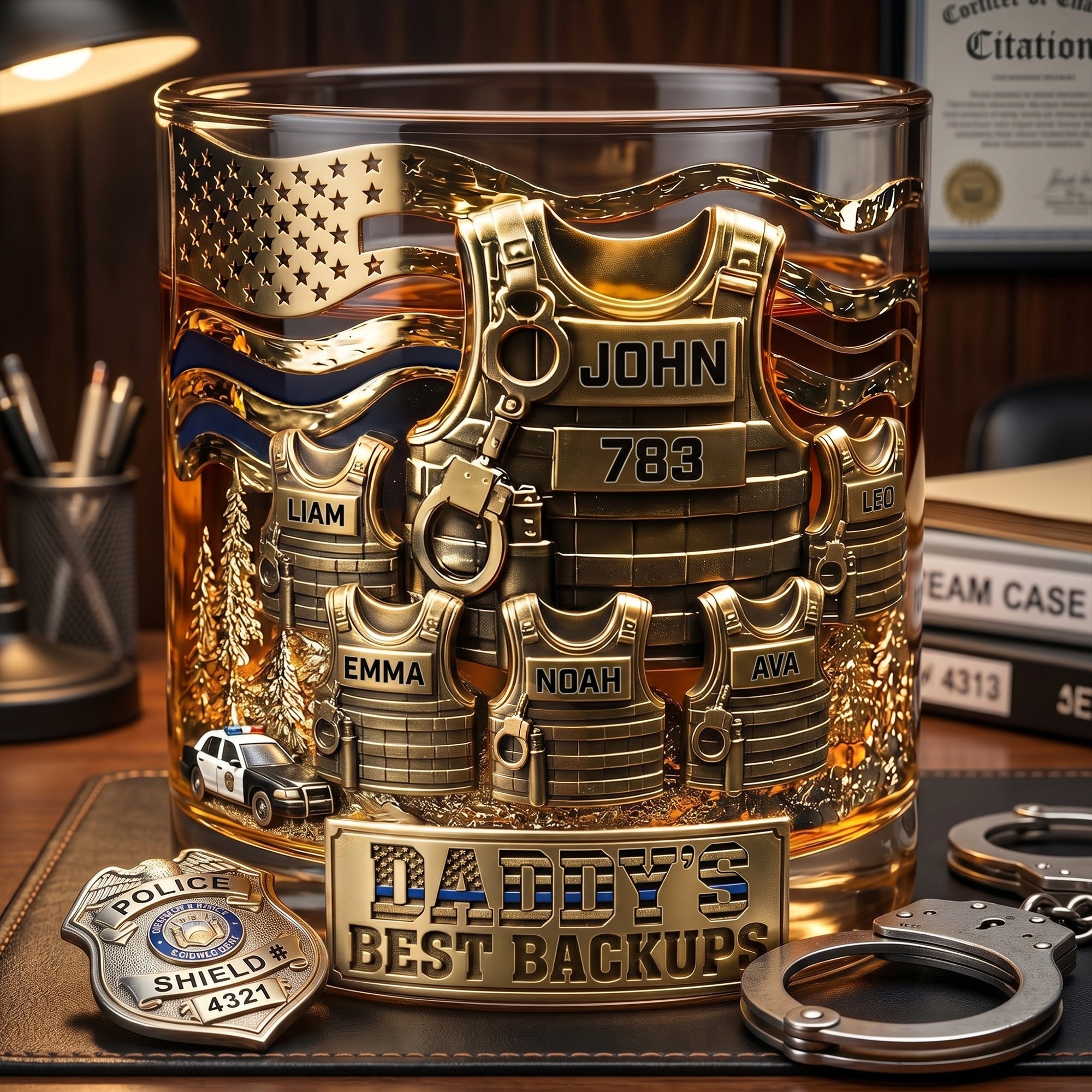 “Daddy’s Best Backups!” - Legendary Police Dad Round Glass - Personalized Gift for Police Officer, Sheriff, Captain & More Glass PopCulturePrints
