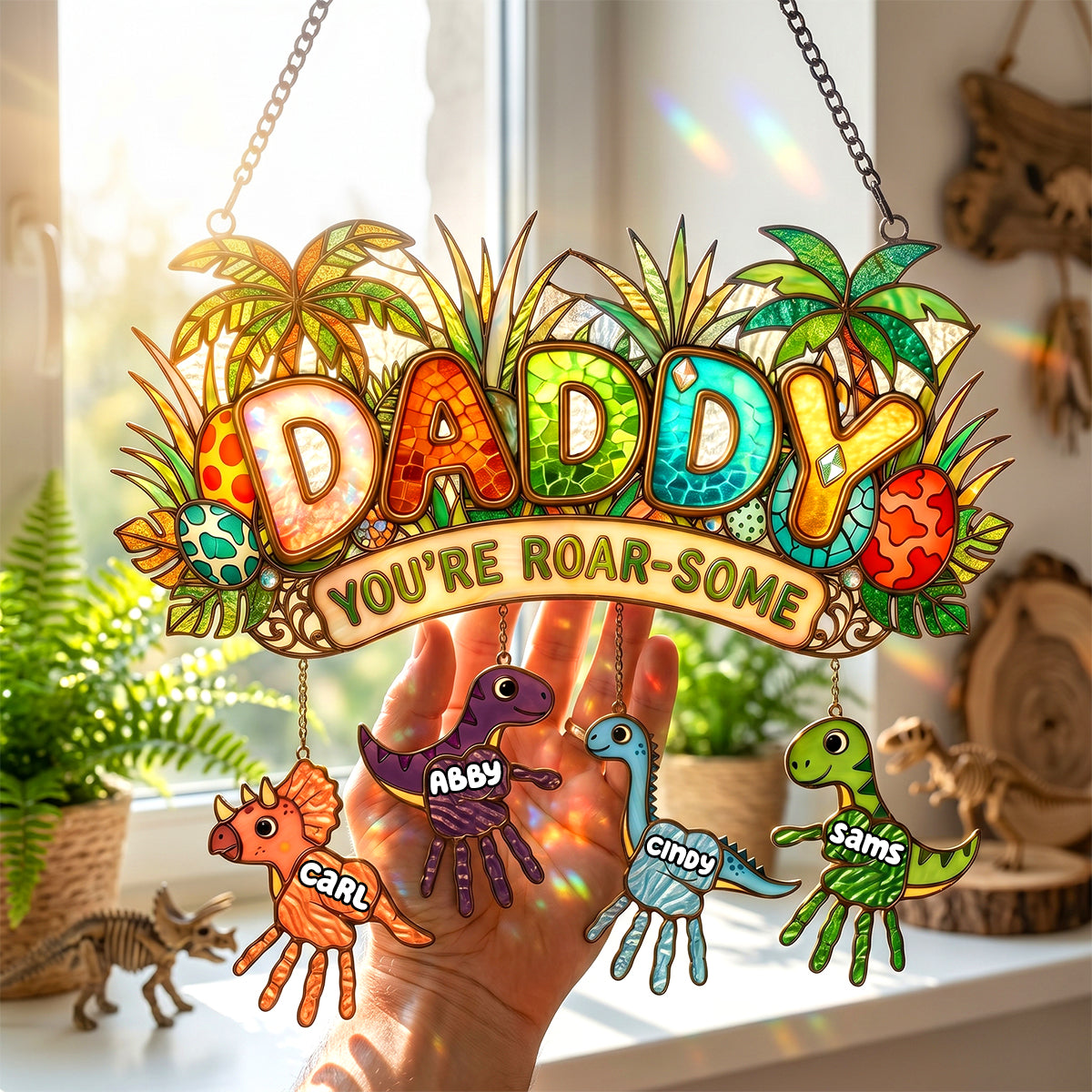 ‘Daddy, You’re Roar-some!’ - Tiny Roarsome Dino Kids Suncatcher Ornament - Personalized Gifts for Dad, Grandpa, and More Ornament PopCulturePrints