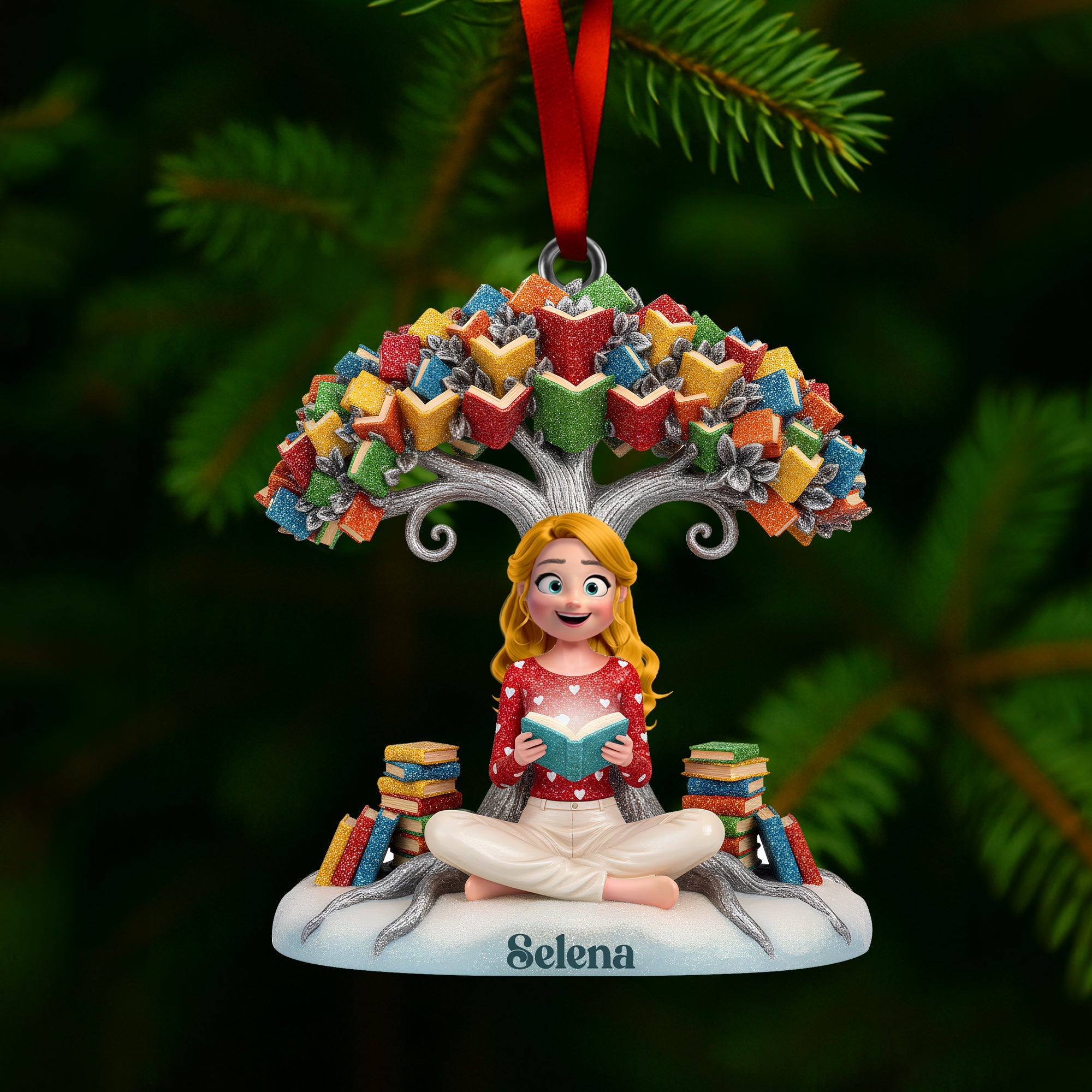 "Books Are a Unique Gift" - Book Tree Christmas Ornament - Personalized Gift for Book Lovers Ornament PopCulturePrints