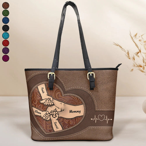 Holding Hands Icon - Personalized Leather Tote Bag for Mom & Grandma Leather Tote Bag PopCulturePrints