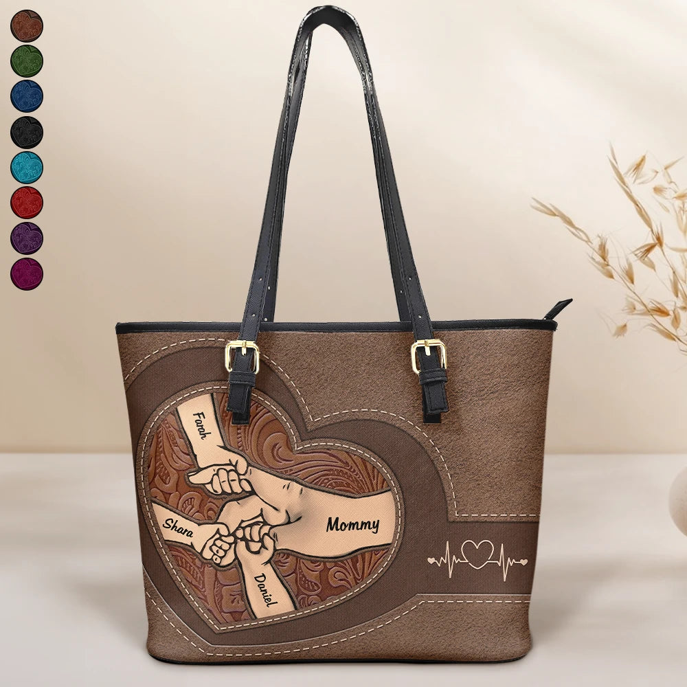 Holding Hands Icon - Personalized Leather Tote Bag for Mom & Grandma Leather Tote Bag PopCulturePrints