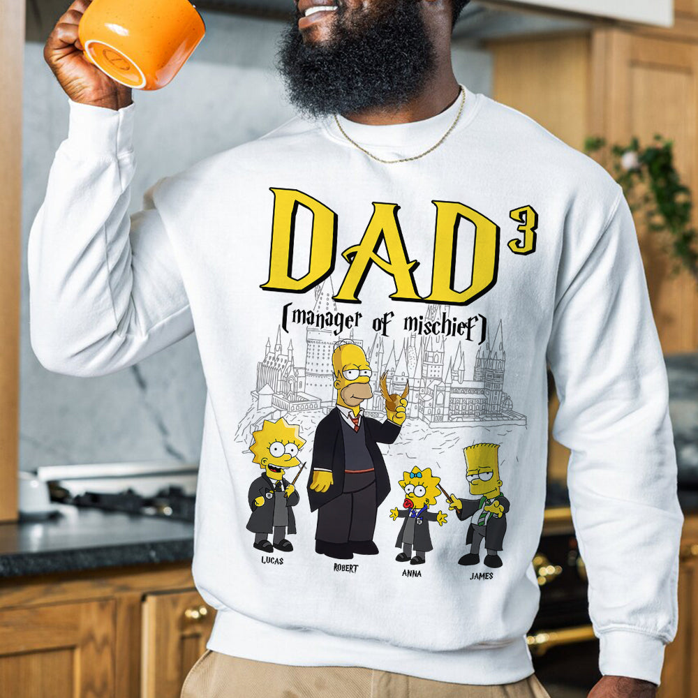 Personalized Dad T-Shirt: Manager of Mischief - Simpson Family Hogwarts Edition