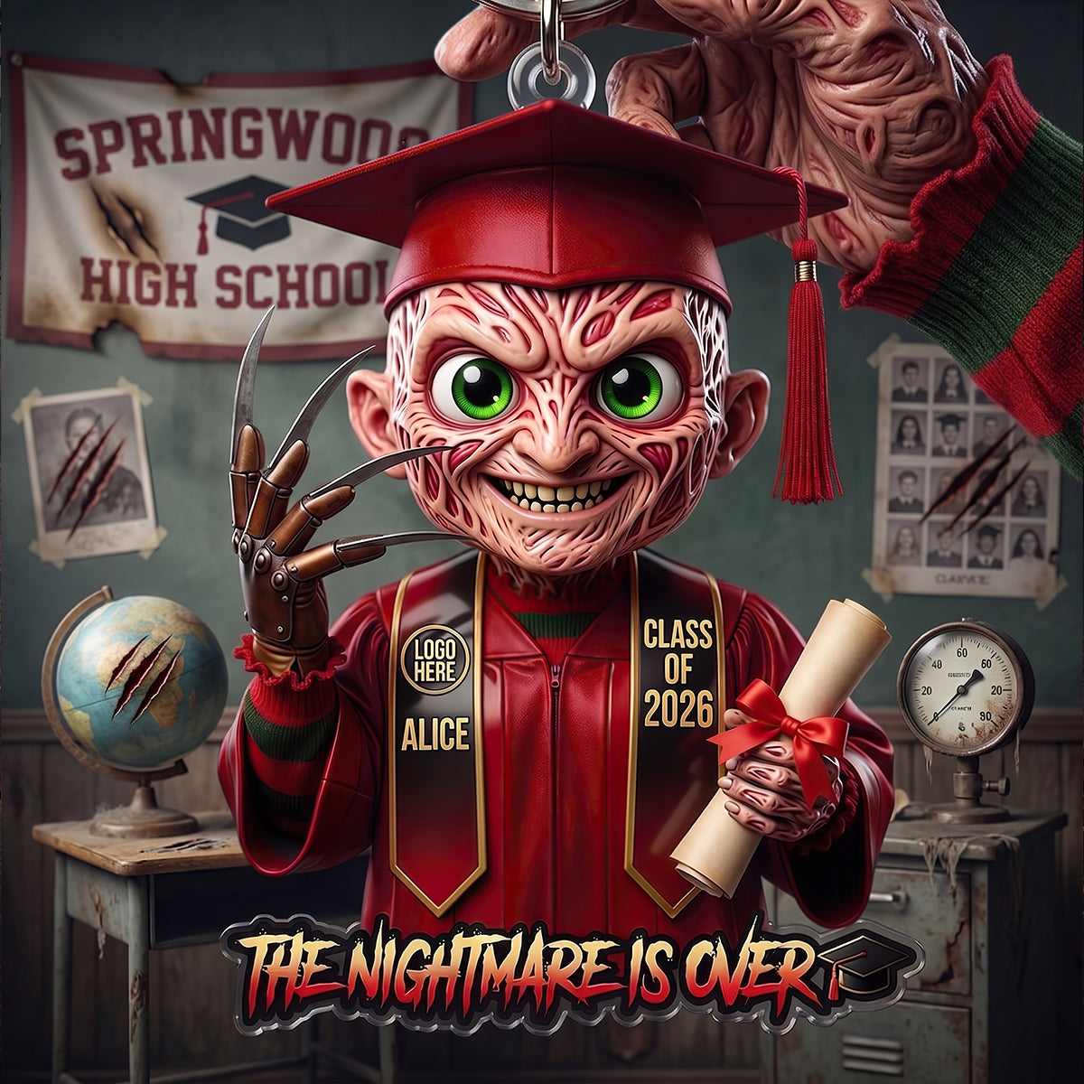 The Nightmare is Over - Personalized Horror Villain Graduate Keychain Keychains PopCulturePrints