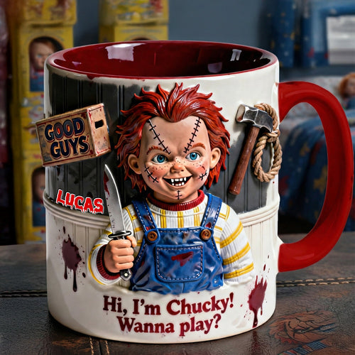 Hi, I'm Chucky! Wanna Play? - Personalized Horror Villain Accent Mug Coffee Mug PopCulturePrints