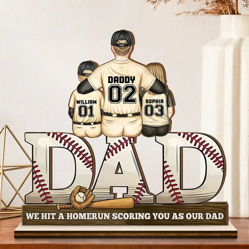 “We Hit A Homerun Scoring You As Our Dad” - Personalized Custom Shaped 2-Layered Wooden Plaque - Gift for Dad, Grandpa & Baseball Lovers Wooden Plaque PopCulturePrints
