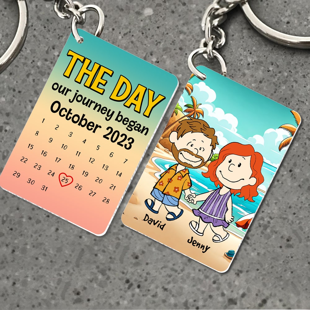 Personalized Cartoon Couple Keychain - Summer Beach Anniversary Gift