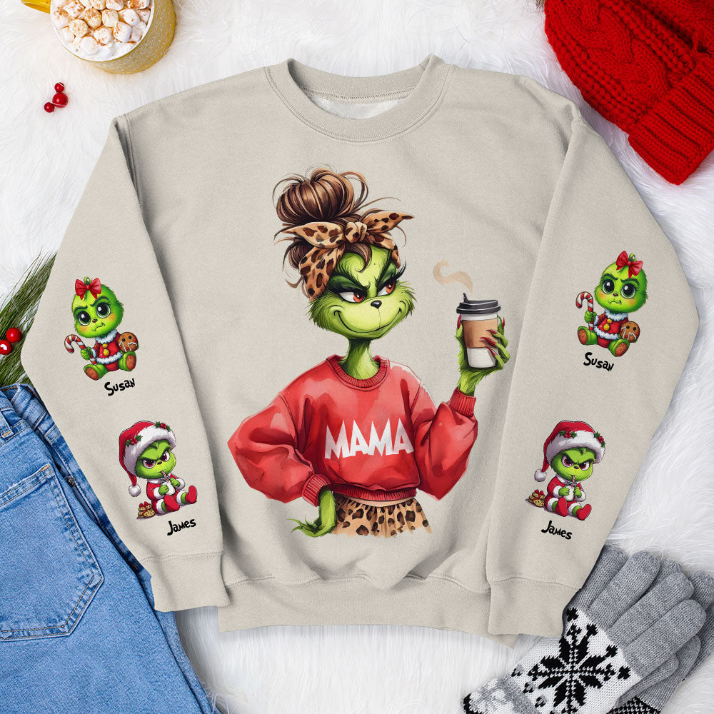 Personalized Grinch Christmas Hoodie for Moms - Custom Names & Festive Design AOP Products PopCulturePrints