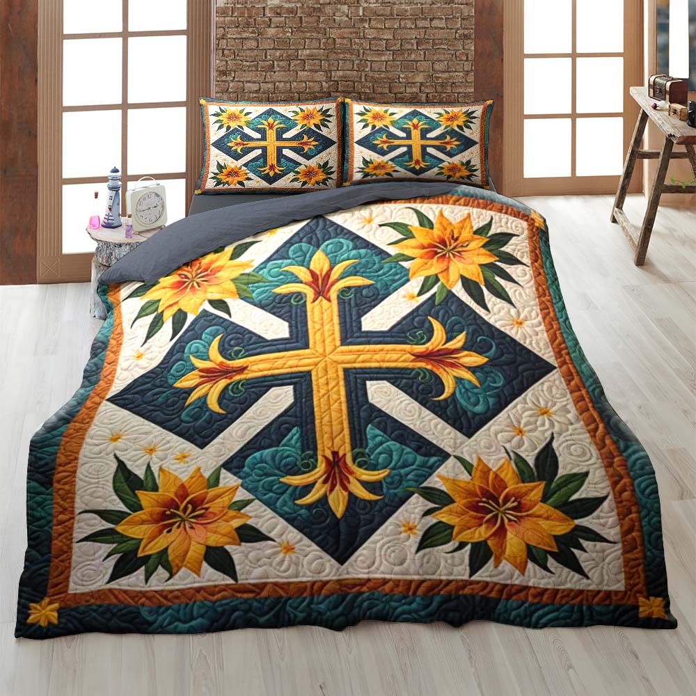 Personalized Christian Quilt Bedding Set - Cross & Lilies Design Blanket PopCulturePrints