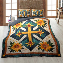 Load image into Gallery viewer, Personalized Christian Quilt Bedding Set - Cross &amp; Lilies Design Blanket PopCulturePrints
