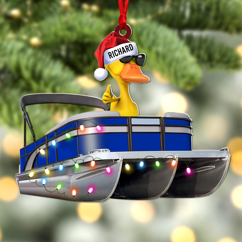 Personalized Pontoon Family Duck Christmas Ornament - Custom Names and Festive Lights