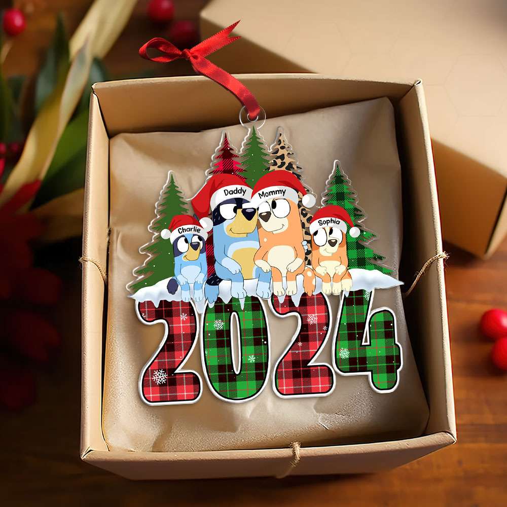 Personalized Family Christmas Ornament - Dogs & Trees Design