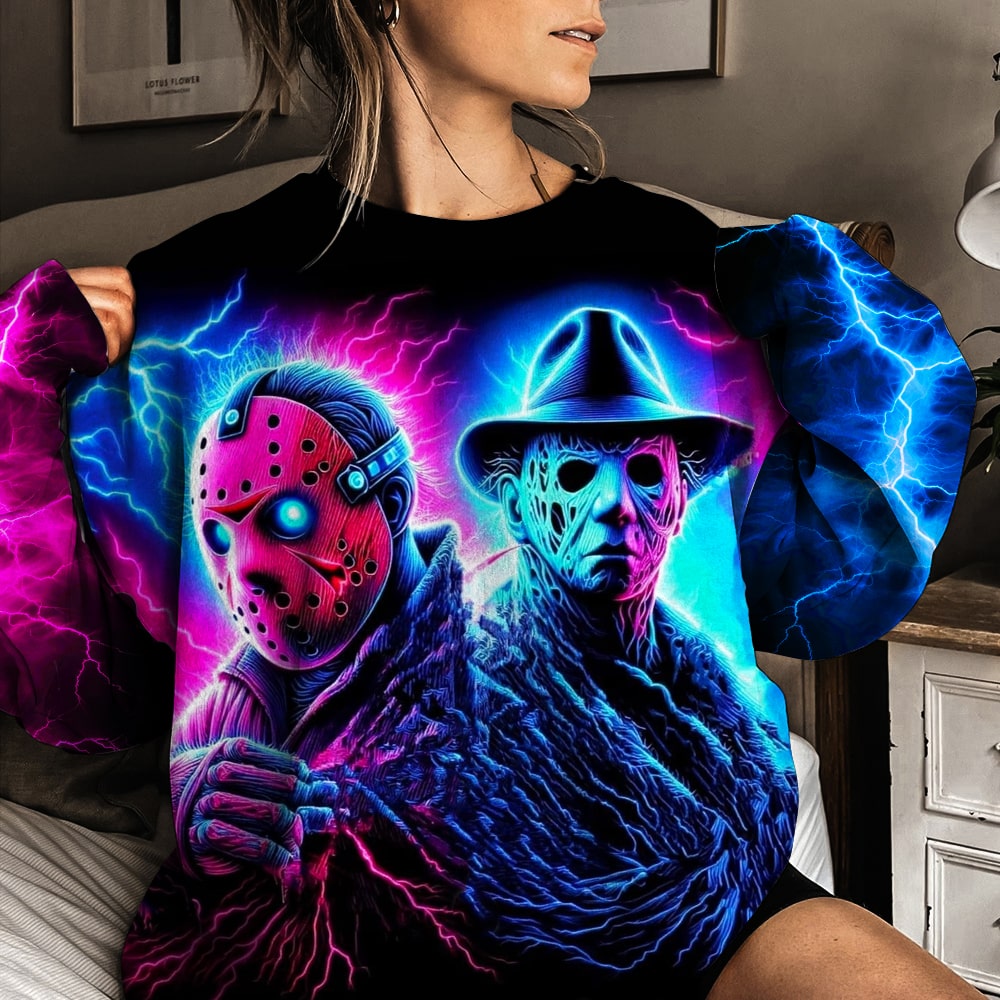 Neon Horror Legends Hoodie - Halloween Graphic Sweatshirt for Horror Movie Fans