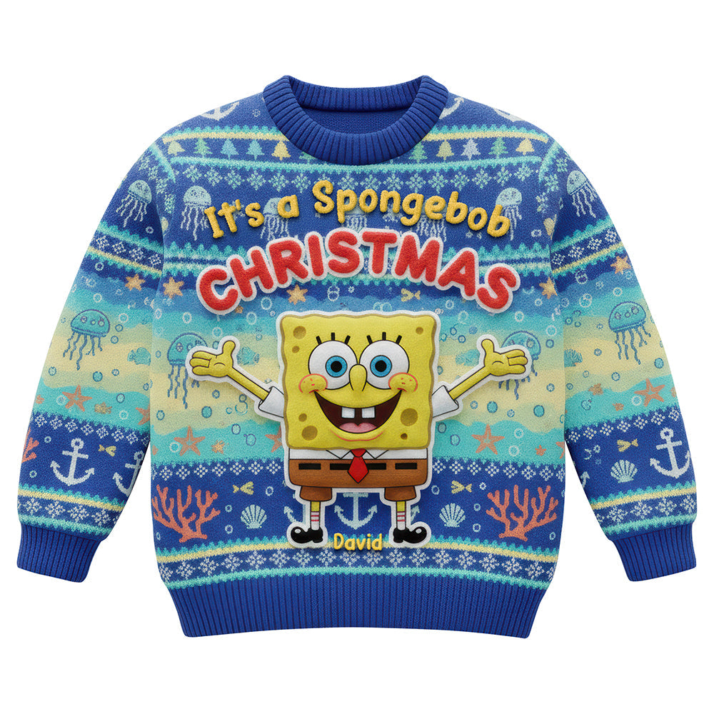 Celebrate Christmas with Spongebob – Personalized Ugly Sweater for Kids AOP Products PopCulturePrints