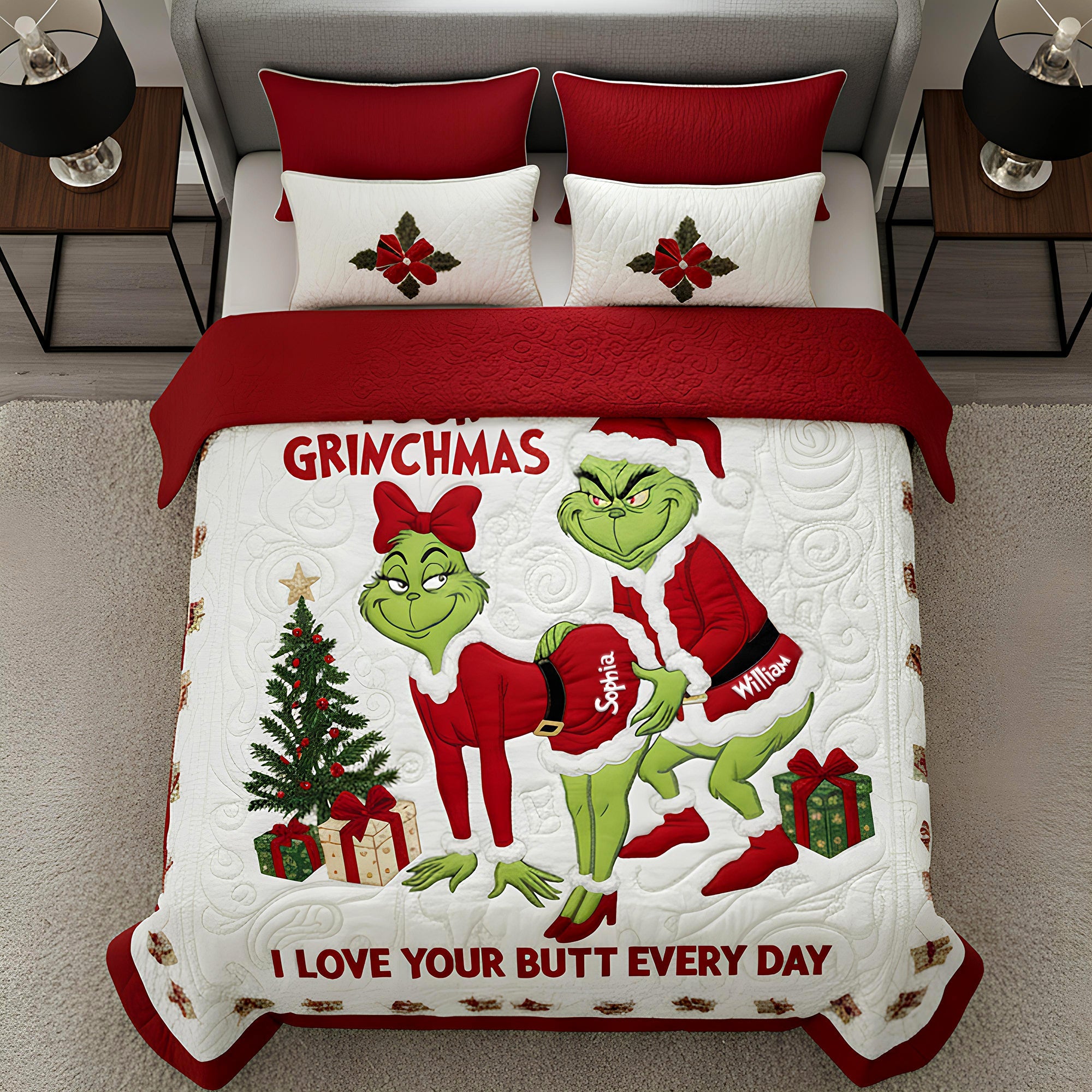 Embrace the Grinch Spirit - Cheeky Green Couple Quilt Bedding Set - Personalized Gift for Couples Bedding Set PopCulturePrints