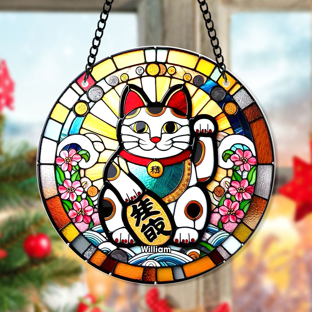 Lucky Cat Personalized Christmas Suncatcher Ornament