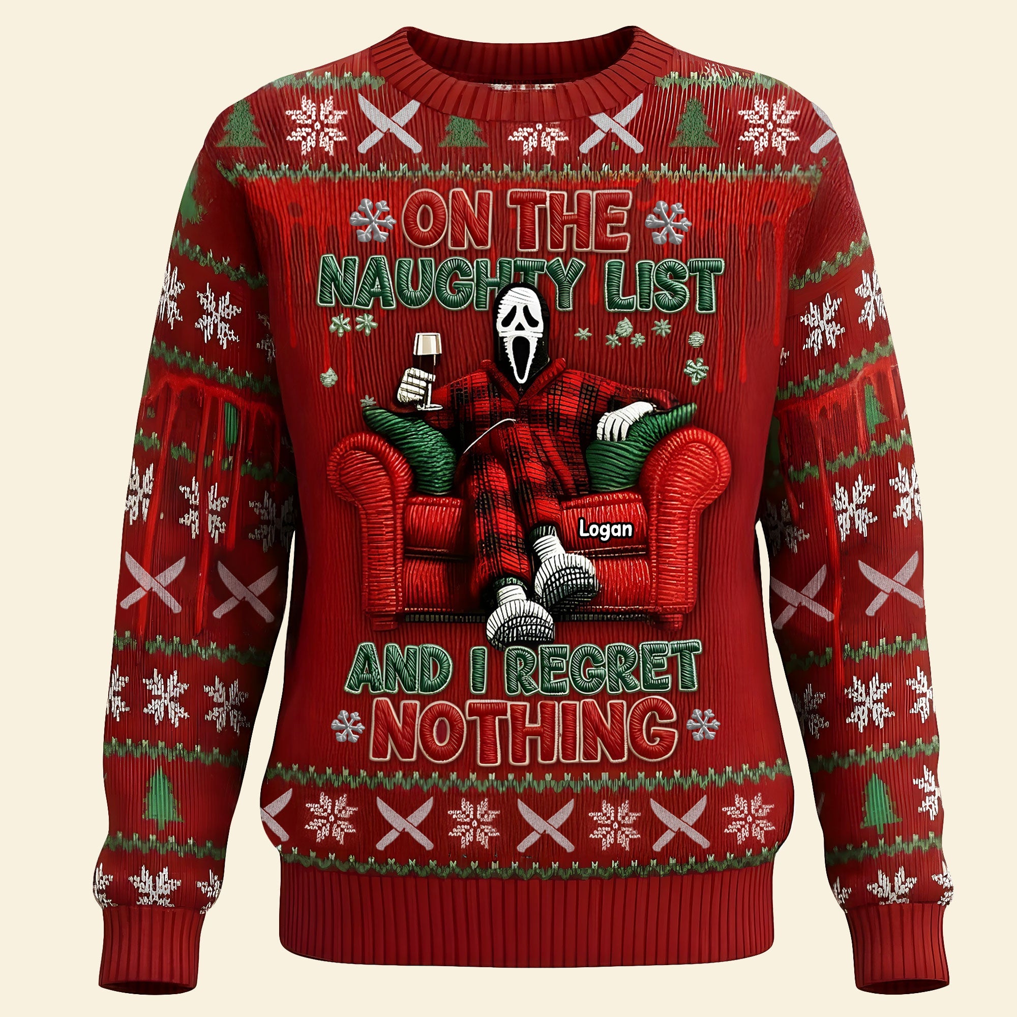 "On the Naughty List and I Regret Nothing" - Chilling Horror Guy Ugly Sweater - Personalized Christmas Gift for Horror Fans AOP Products PopCulturePrints