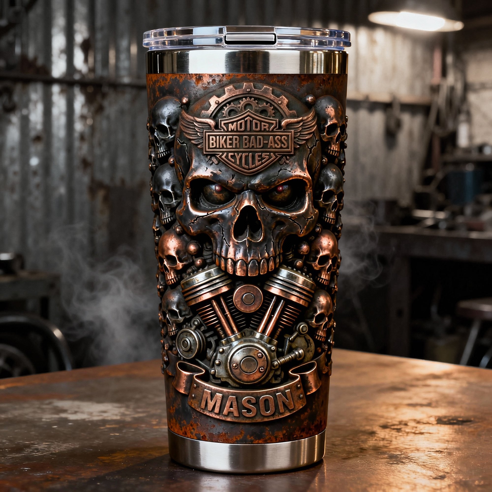 Ride with Attitude: Fierce Skull Motorcycle Tumbler - Personalized Gift for Bikers Tumbler Cup PopCulturePrints