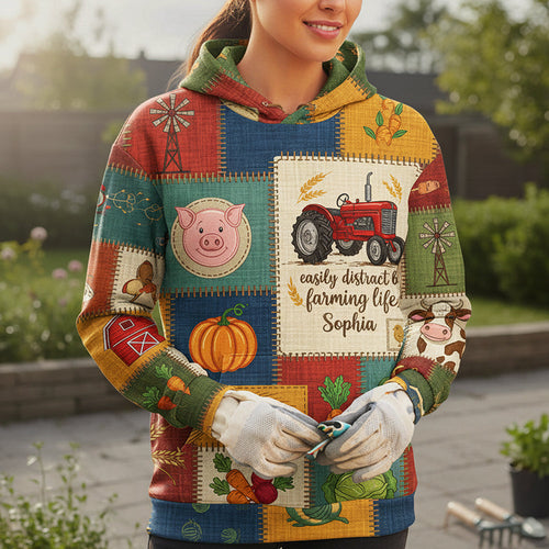 Easily Distract & Farming Life - Rustic Patchwork Farm Hoodie - Personalized Gifts for Farmers AOP Products PopCulturePrints