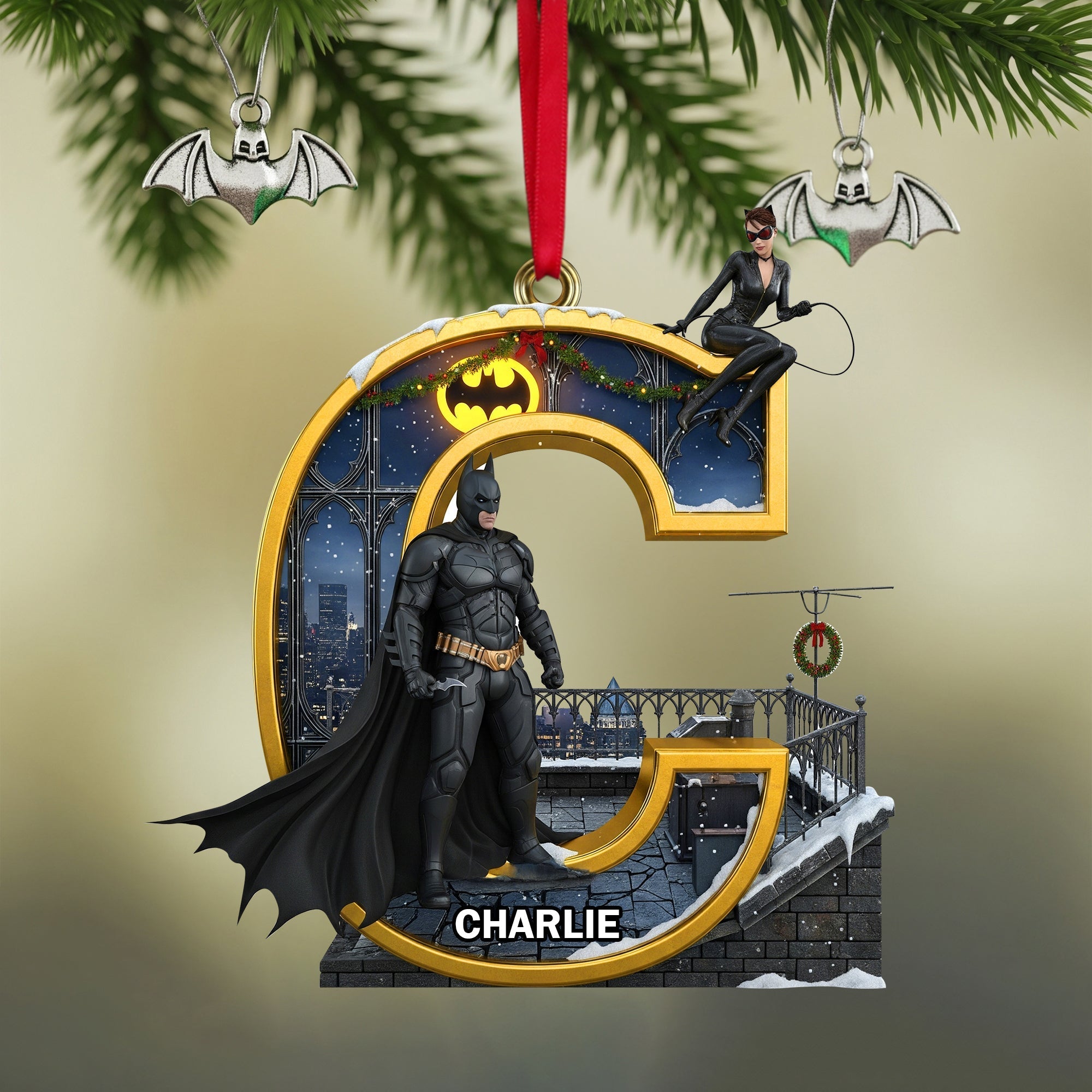 “Embrace the Night: Personalize Your Shadow Wing Initials Christmas Ornament - A Unique Gift for Fans” Ornament PopCulturePrints