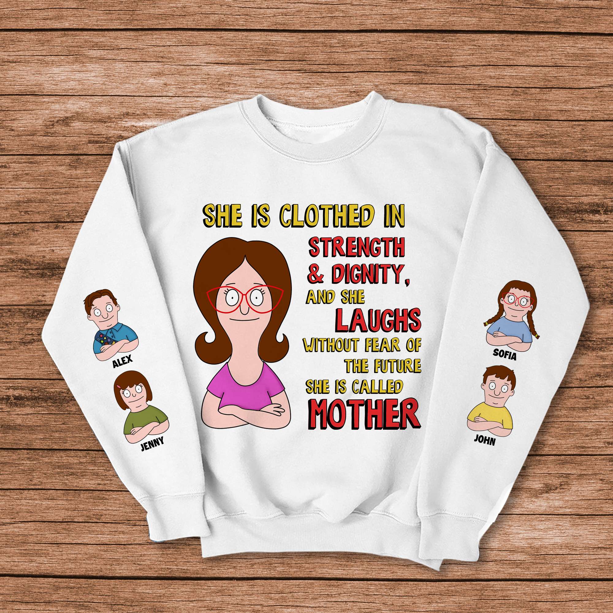 “She is Clothed in Strength & Dignity” - Personalized Mom Shirt - Gift for Mom, Grandma, and Special Women AOP Products PopCulturePrints
