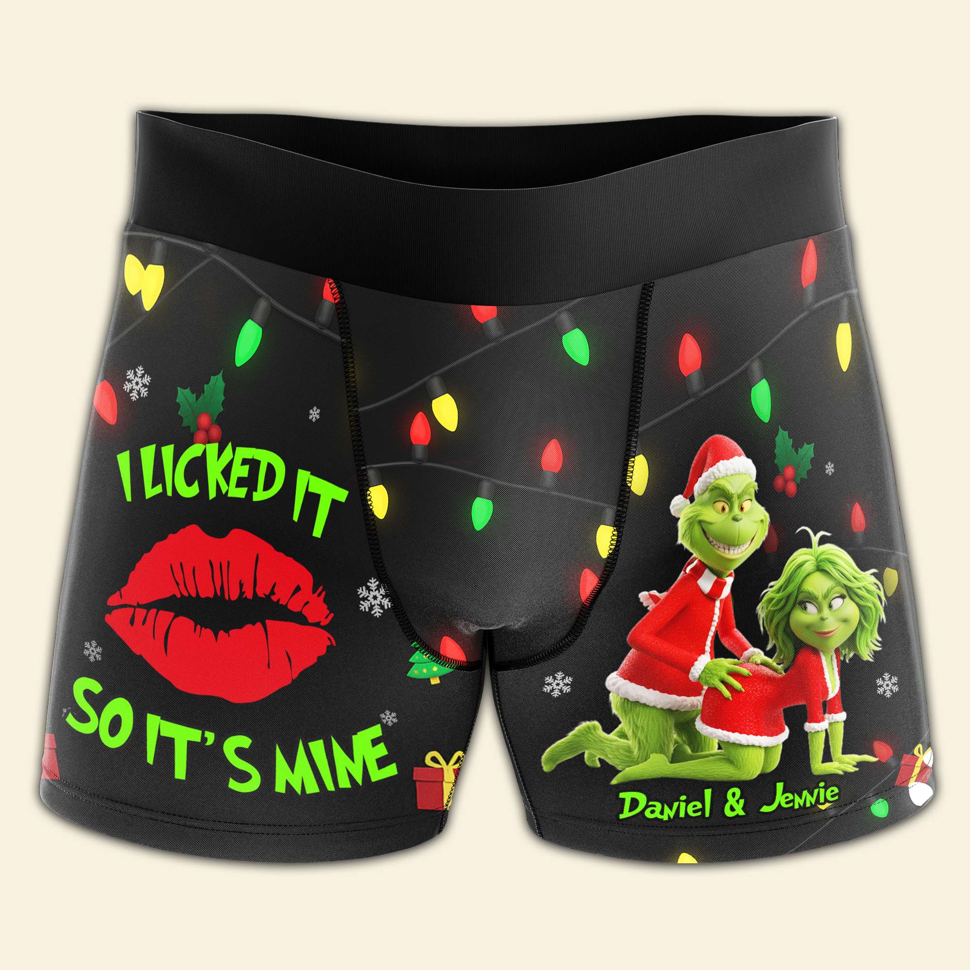 “I Licked It So It’s Mine!” - Personalized Mischief Green Couple Boxers - Perfect Christmas Gift for Him Boxer Briefs PopCulturePrints
