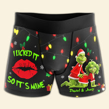 Load image into Gallery viewer, “I Licked It So It’s Mine!” - Personalized Mischief Green Couple Boxers - Perfect Christmas Gift for Him Boxer Briefs PopCulturePrints
