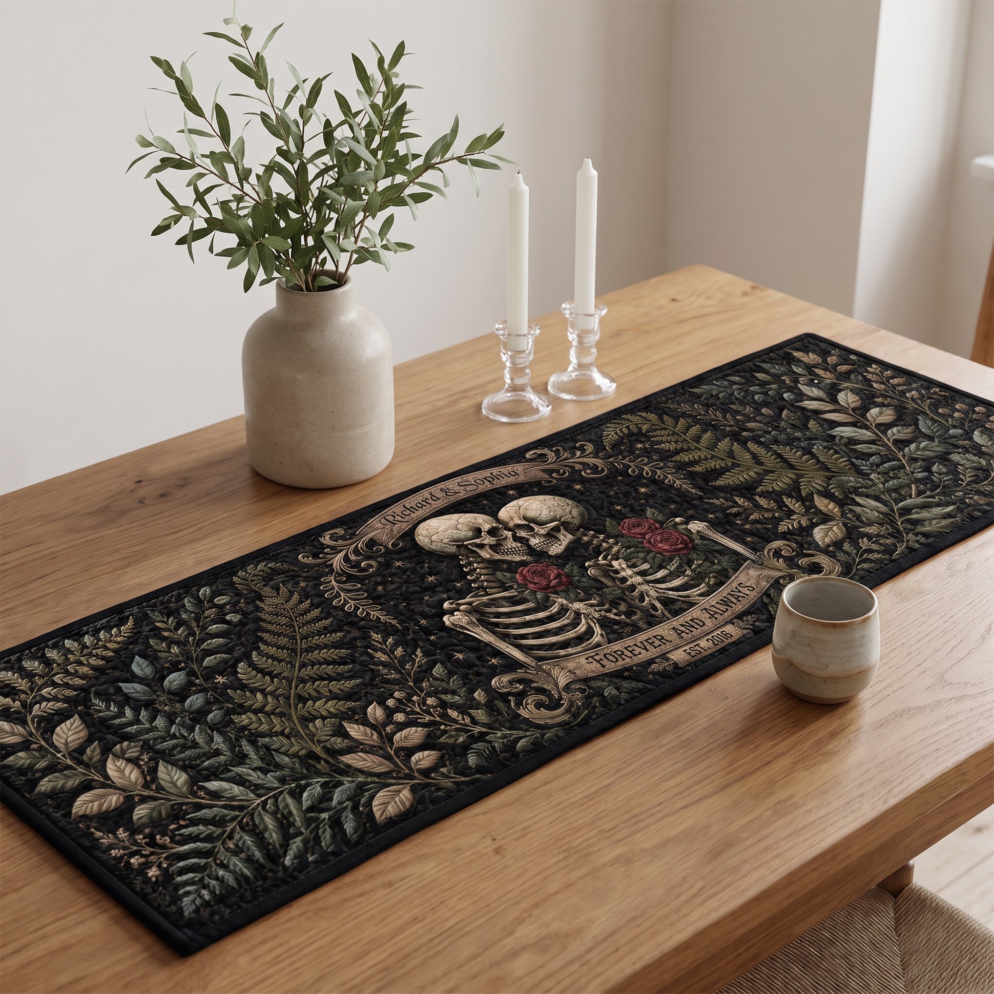 Eternal Love Skeleton Couple Quilted Table Runner - Personalized Gifts For Couples Quilted Table Runner PopCulturePrints