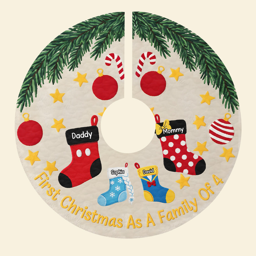 Celebrate Your First Christmas as a Family of 4 - Personalized Holiday Stocking Quilted Tree Skirt Tree Skirt PopCulturePrints