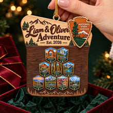 Load image into Gallery viewer, Adventure Awaits: Personalized Couple National Park Travel Christmas Ornament Ornament PopCulturePrints
