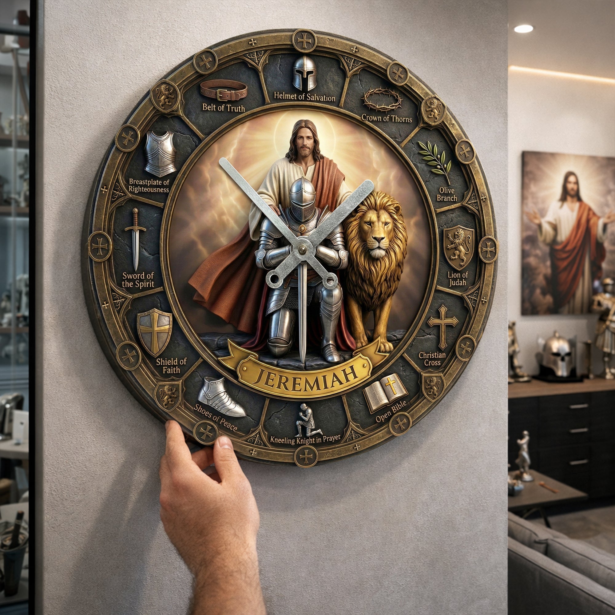 "Embrace Faith and Time" - Kneeling Knight Acrylic Wall Clock - Personalized Christian Gift for Loved Ones Hanging Wall Clock PopCulturePrints