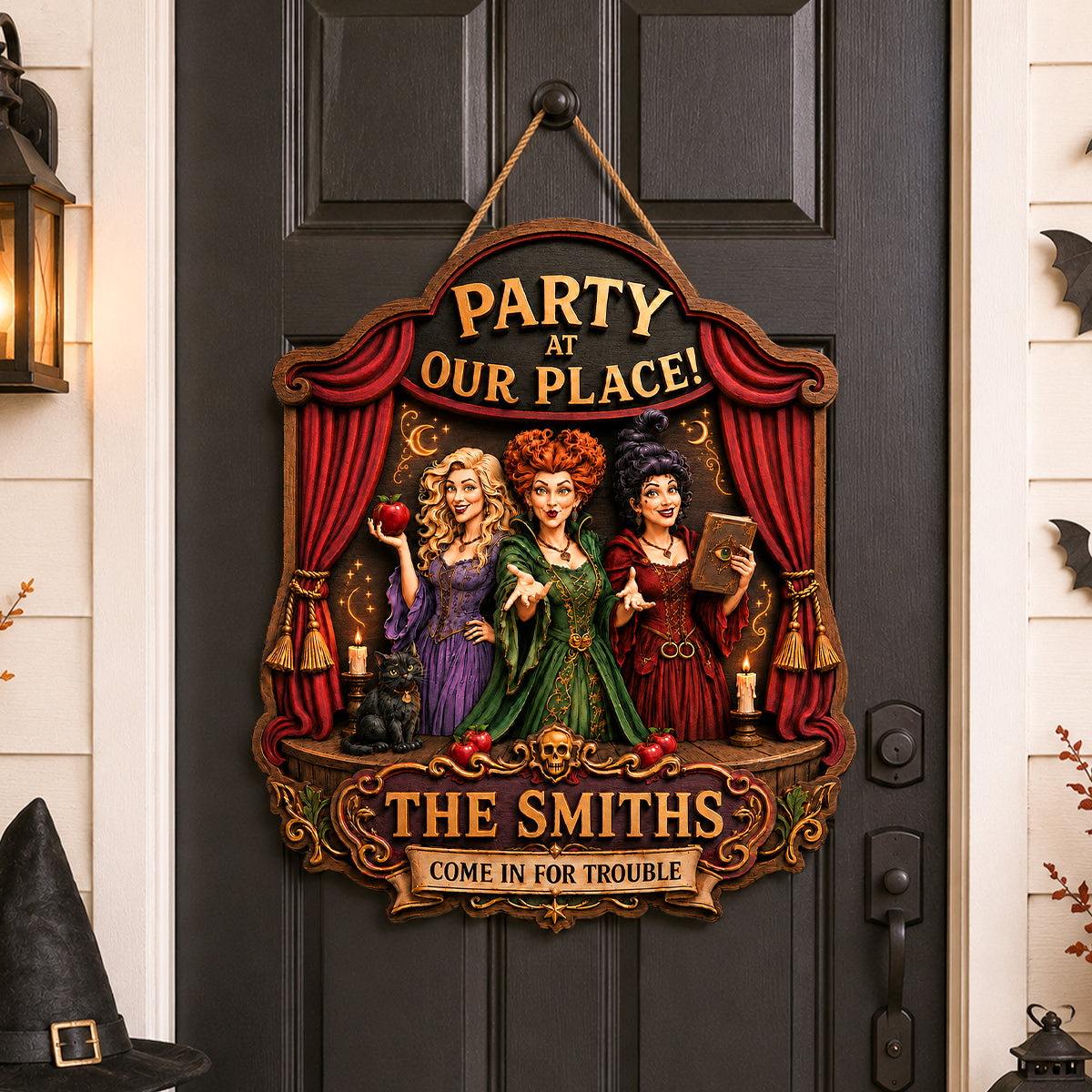 "Party At Our Place! Come In For Trouble" - Personalized Wood Sign - Unique Gift for Family & Friends
