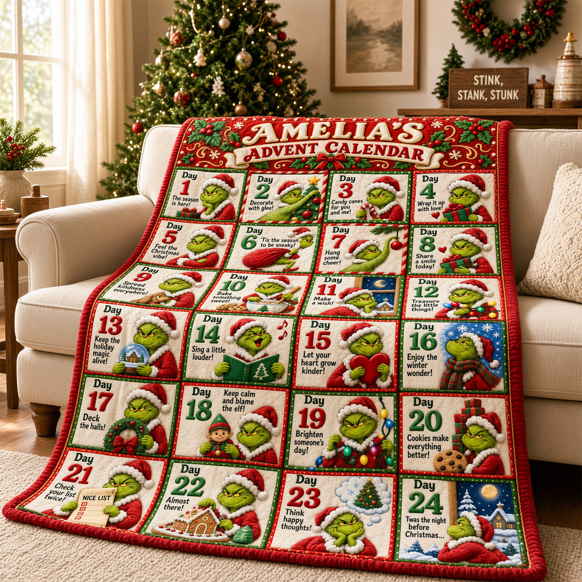 "Make This Holiday Season Merry and Bright" - Funny Christmas Advent Calendar Blanket, Personalized Gift for Family and Friends