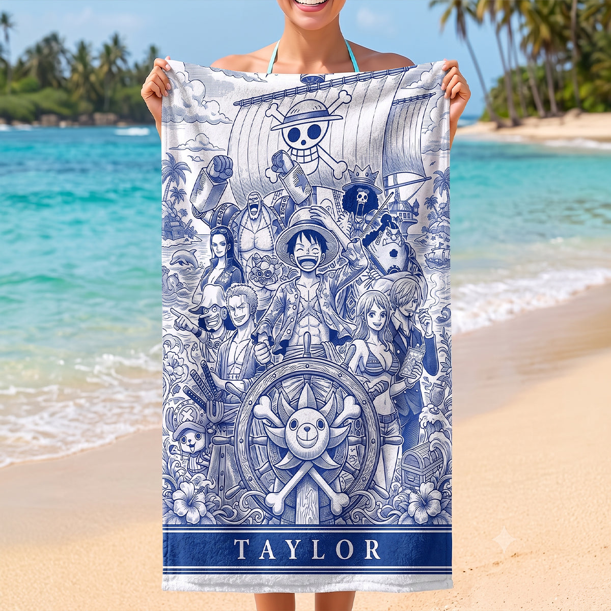 Sail into Adventure: Personalized Voyage Toile De Jouy Beach Towel - Custom Gift for Animation Lovers