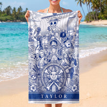 Load image into Gallery viewer, Sail into Adventure: Personalized Voyage Toile De Jouy Beach Towel - Custom Gift for Animation Lovers
