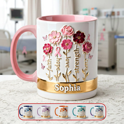 Faith, Hope, Love & Strength - Personalized Cancer Awareness Flowers Mug - Gift for Cancer Warriors Coffee Mug PopCulturePrints