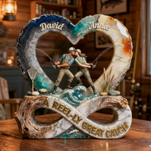 Load image into Gallery viewer, "Hooked on Love: A Reel-Ly Great Catch" - Personalized Fishing Couple Acrylic Plaque Shaped Plaques PopCulturePrints

