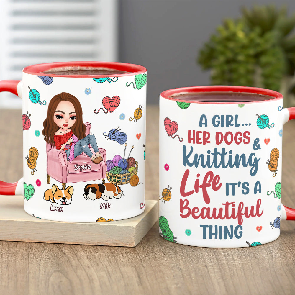 Personalized Knitting Lover Mug with Woman and Dogs Illustration