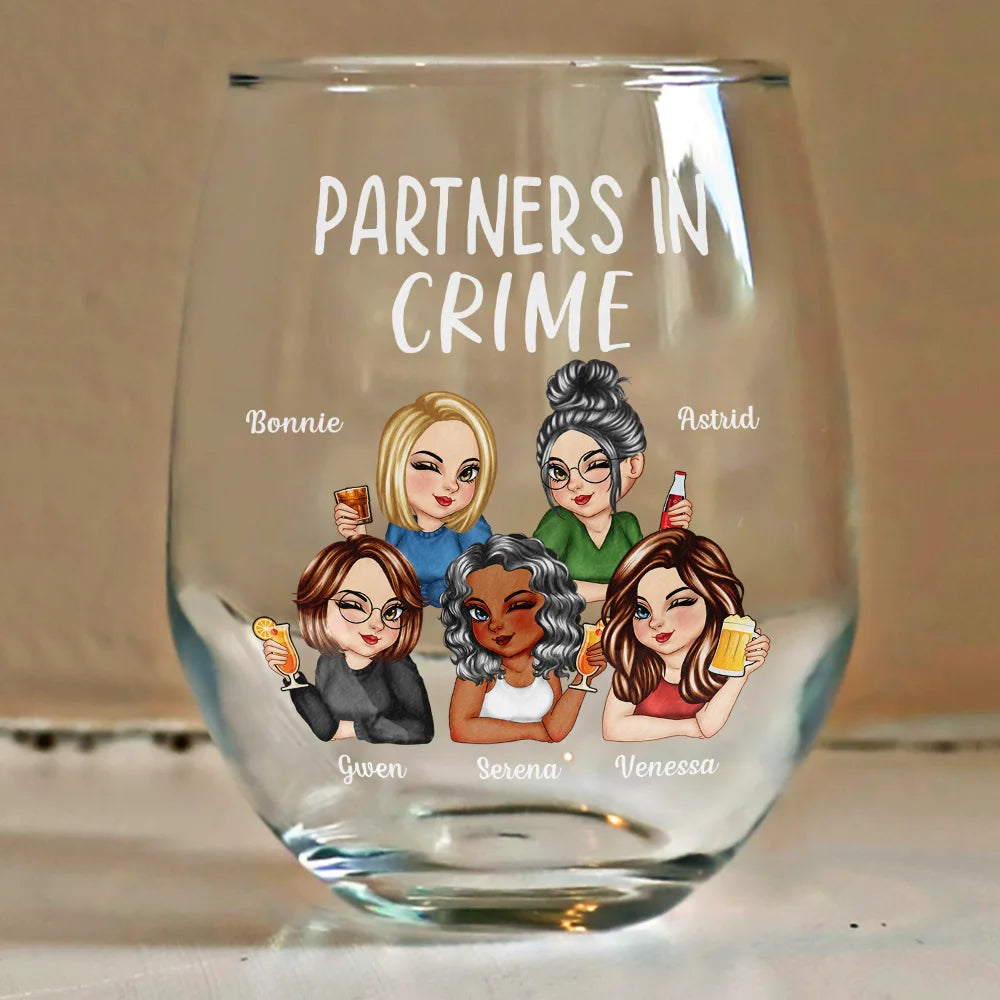 Partners in Crime - Personalized Stemless Wine Glass for Besties Wine Glass PopCulturePrints