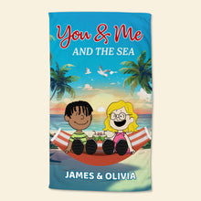 Load image into Gallery viewer, Personalized Beach Towel for Couples - You &amp; Me and The Sea Beach Towel PopCulturePrints
