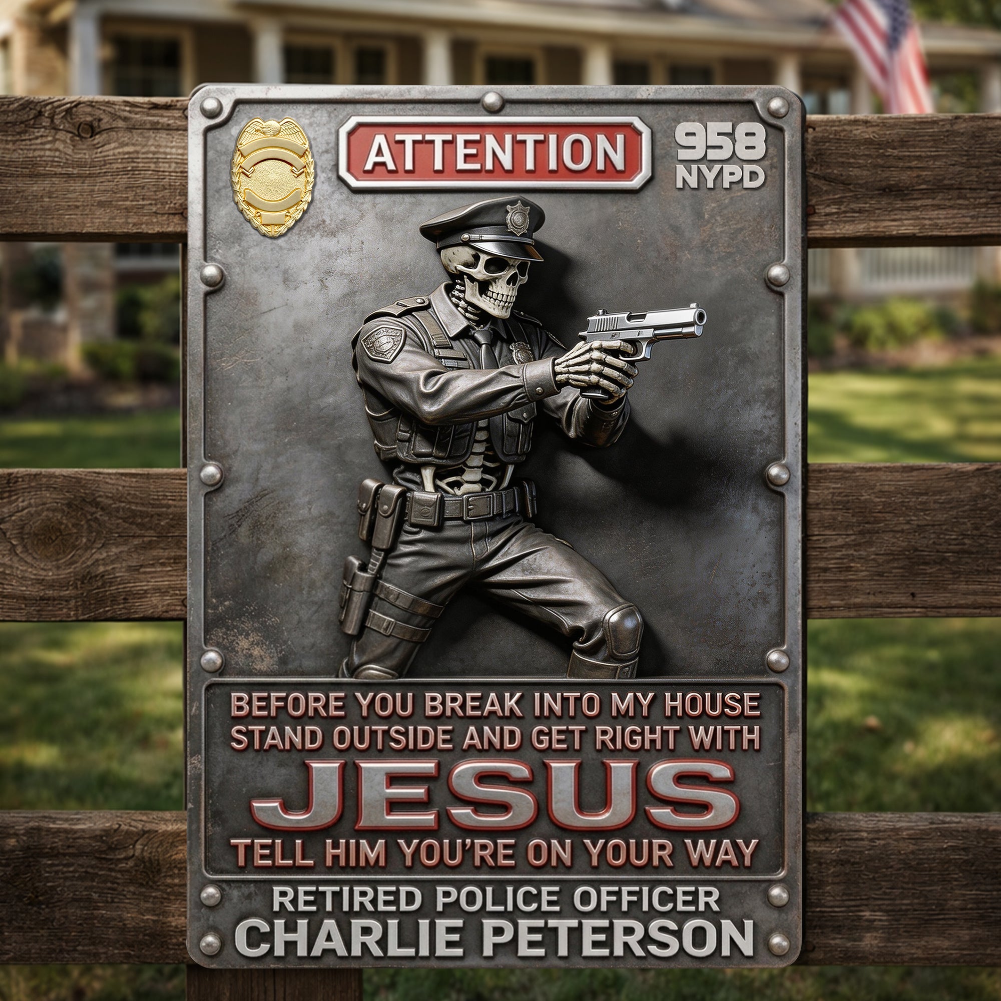 "Before You Break Into My House, Stand Outside and Get Right with Jesus" - Personalized Police Warning Metal Sign - Custom Gift for Police Officers Metal Signs PopCulturePrints