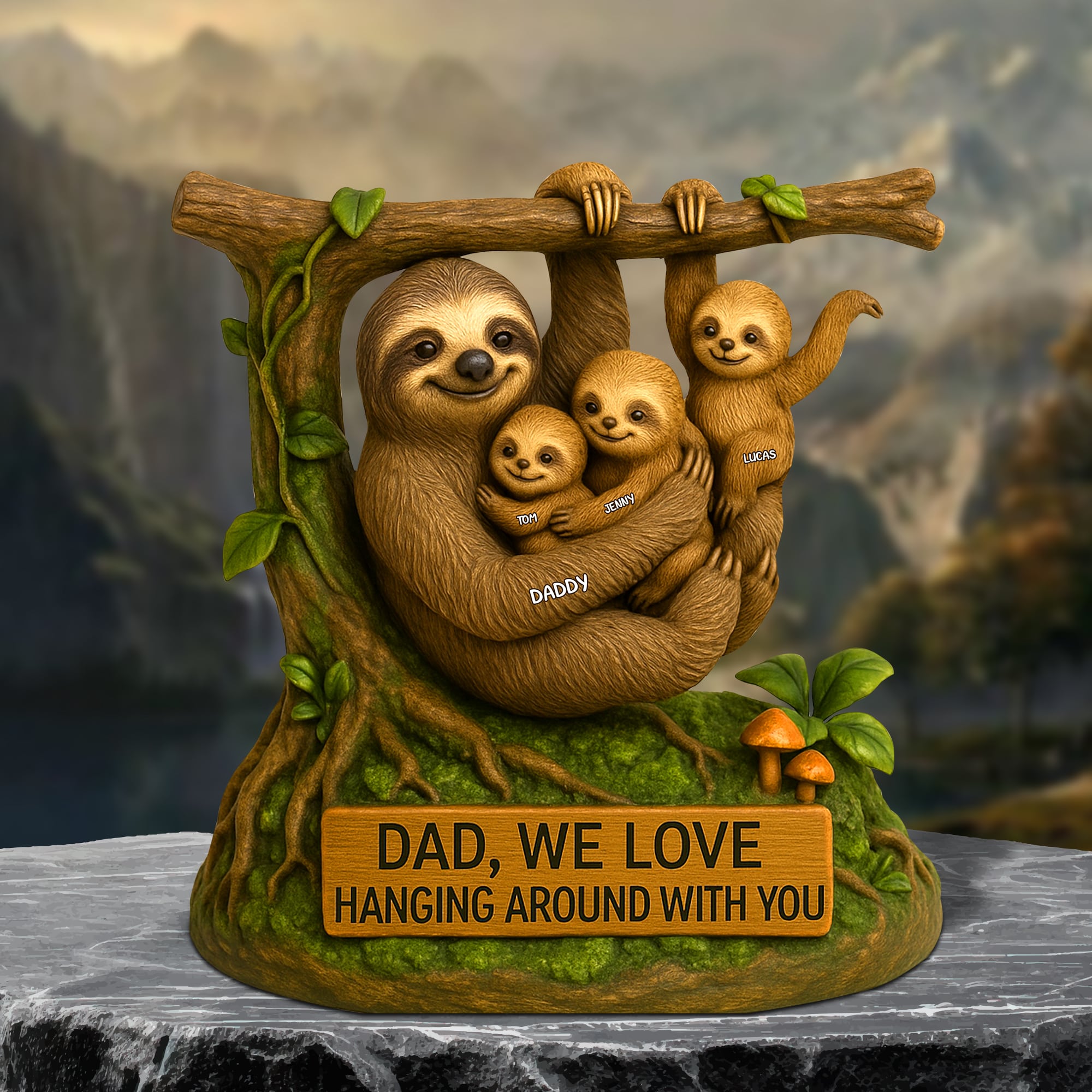 “Dad, We Love Hanging Around With You” - Sloth Dad Plaque - Personalized Gift for Dad, Grandpa, and More Shaped Plaques PopCulturePrints
