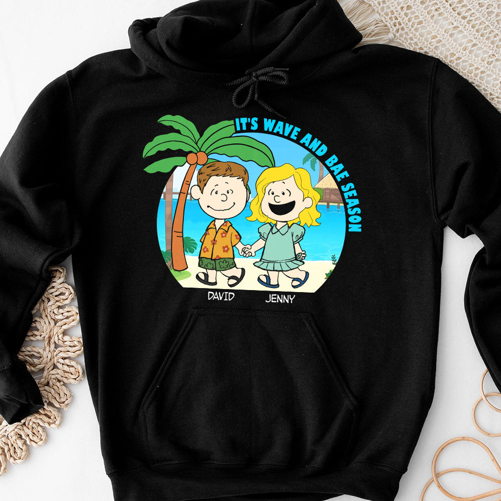 Personalized Cartoon Couple Beach Vacation T-Shirt - Wave and Bae Season