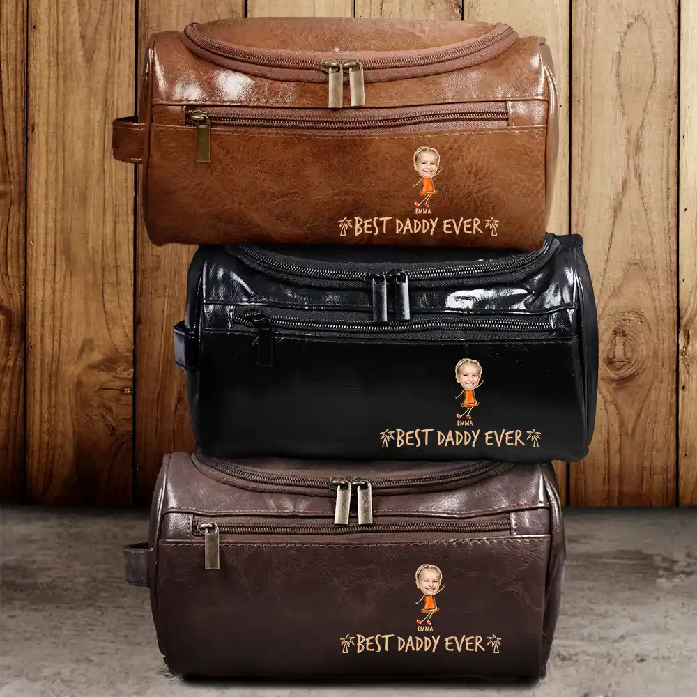 Custom Photo Outline: Best Dad Ever - Personalized Leather Toiletry Bag Leather Toiletry Bag PopCulturePrints