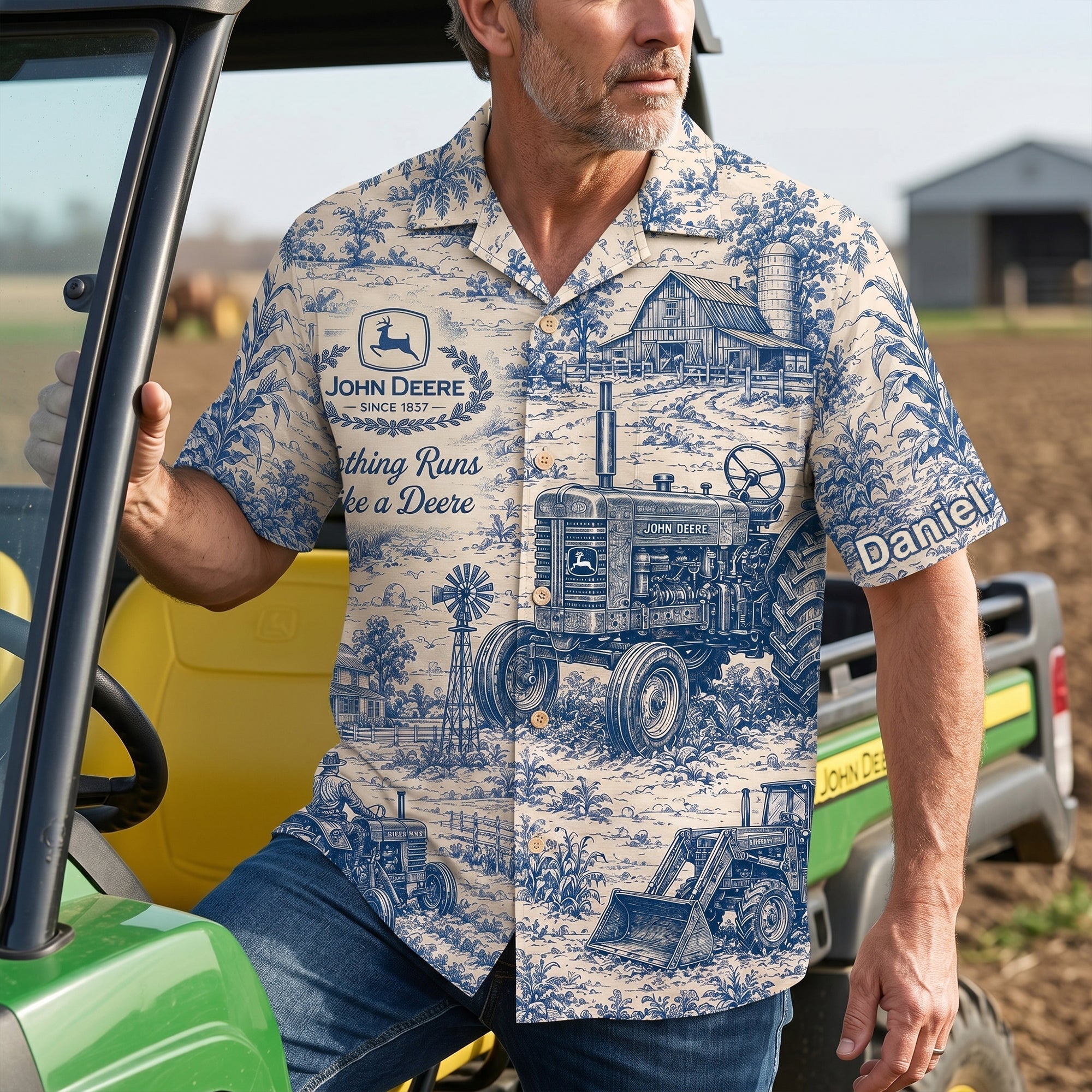 Nothing Runs Like a Deere - Farm Life Toile de Jouy Hawaiian Shirt - Personalized Gifts for Farmers